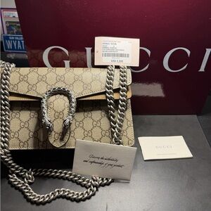 Gucci Beige and Brown Shoulder Bag with Silver Chain